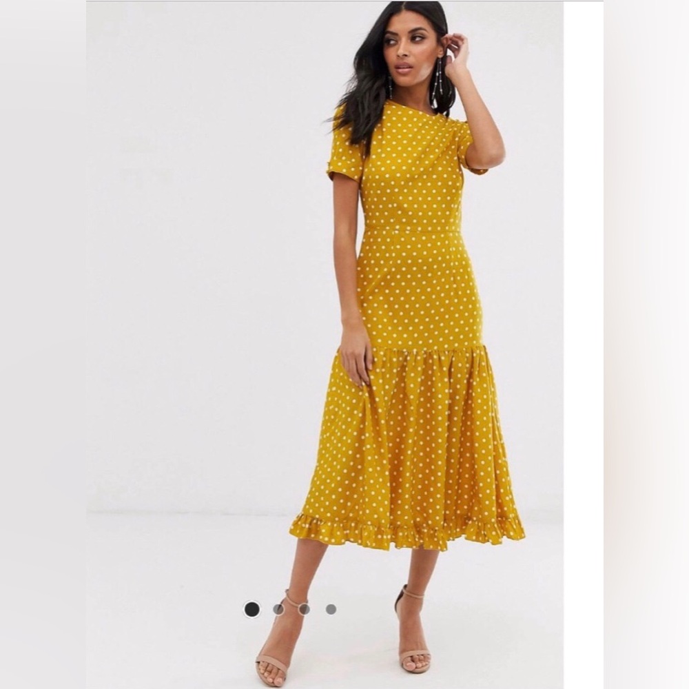 Yellow Polka Dot Short Sleeve Midi Dress w/ Ruffle Hem